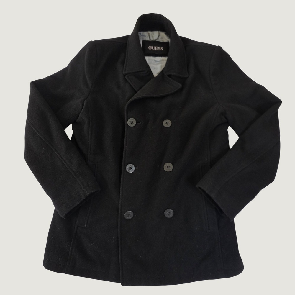 Guess Pea Coat Double Breasted Black Wool Blend Warm Winter Autumn Fall Medium